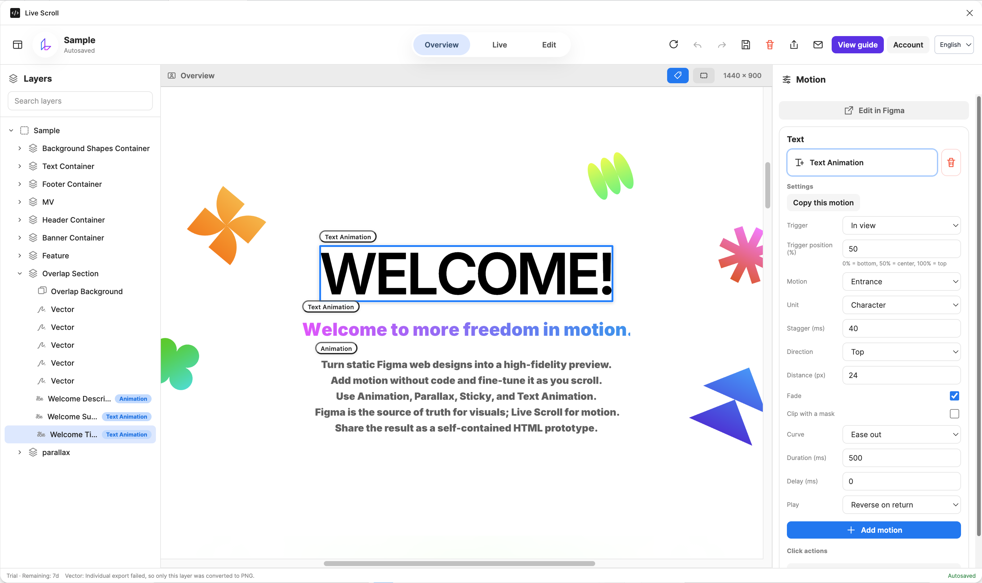 Live Scrollの実UI。左にFigmaレイヤー、中央にデザインのプレビュー、右にテキストアニメーション設定が並ぶ。